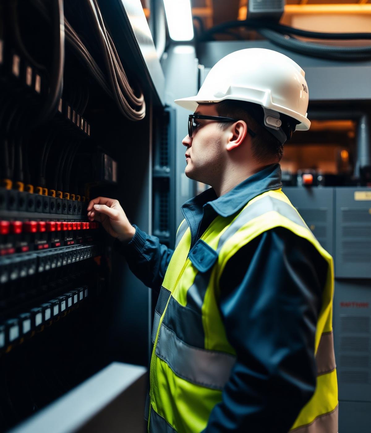Engenheiro inspecionando painel elétrico industrial